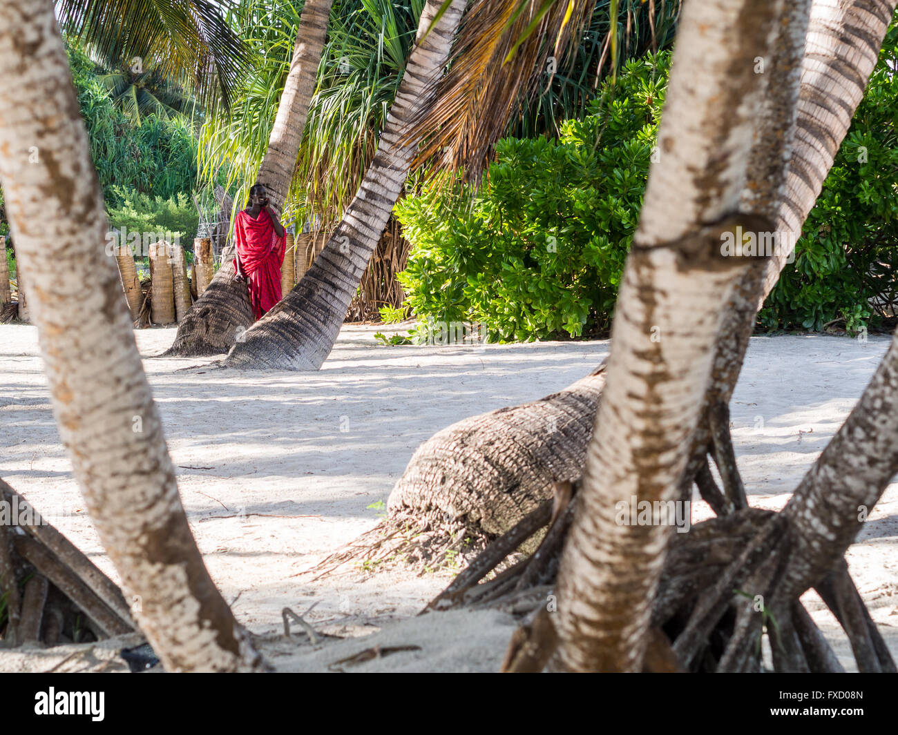 Guerriero Masai lavorando come una guardia di sicurezza per uno dei villaggi che parla al telefono su una spiaggia. Foto Stock