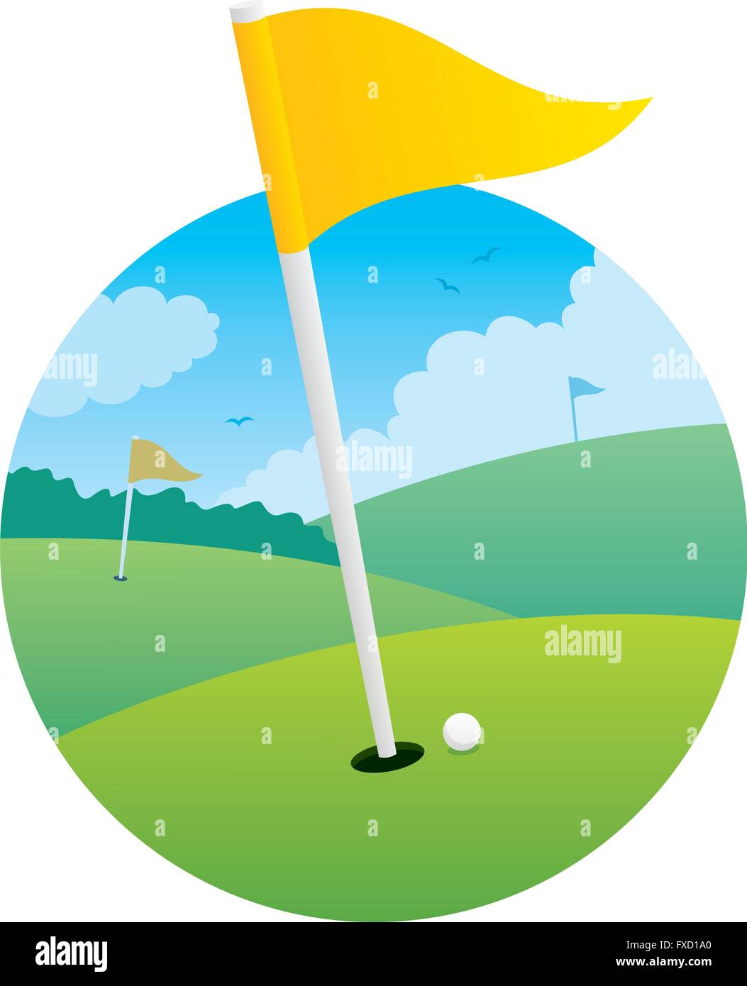 Immagine del campo da golf focalizzata sulla bandiera. Illustrazione Vettoriale