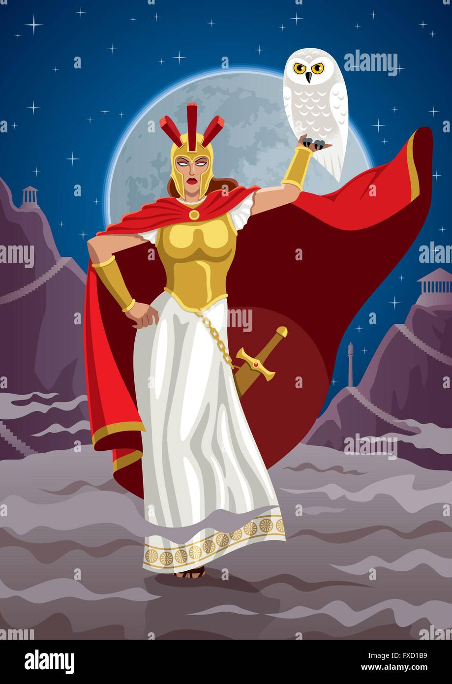 Dea Atena tenendo premuto il gufo bianco. Illustrazione Vettoriale
