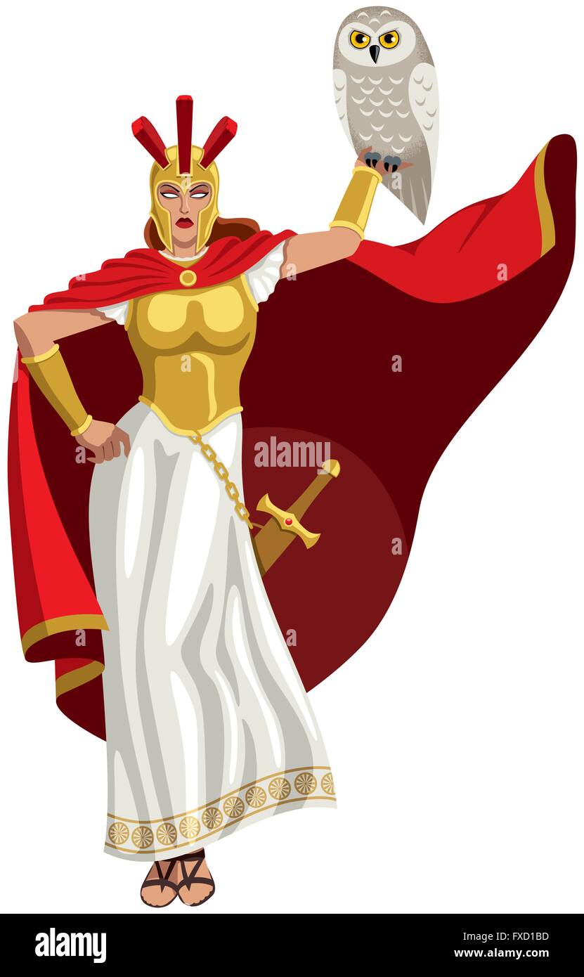 Dea Atena tenendo premuto il gufo bianco. Illustrazione Vettoriale