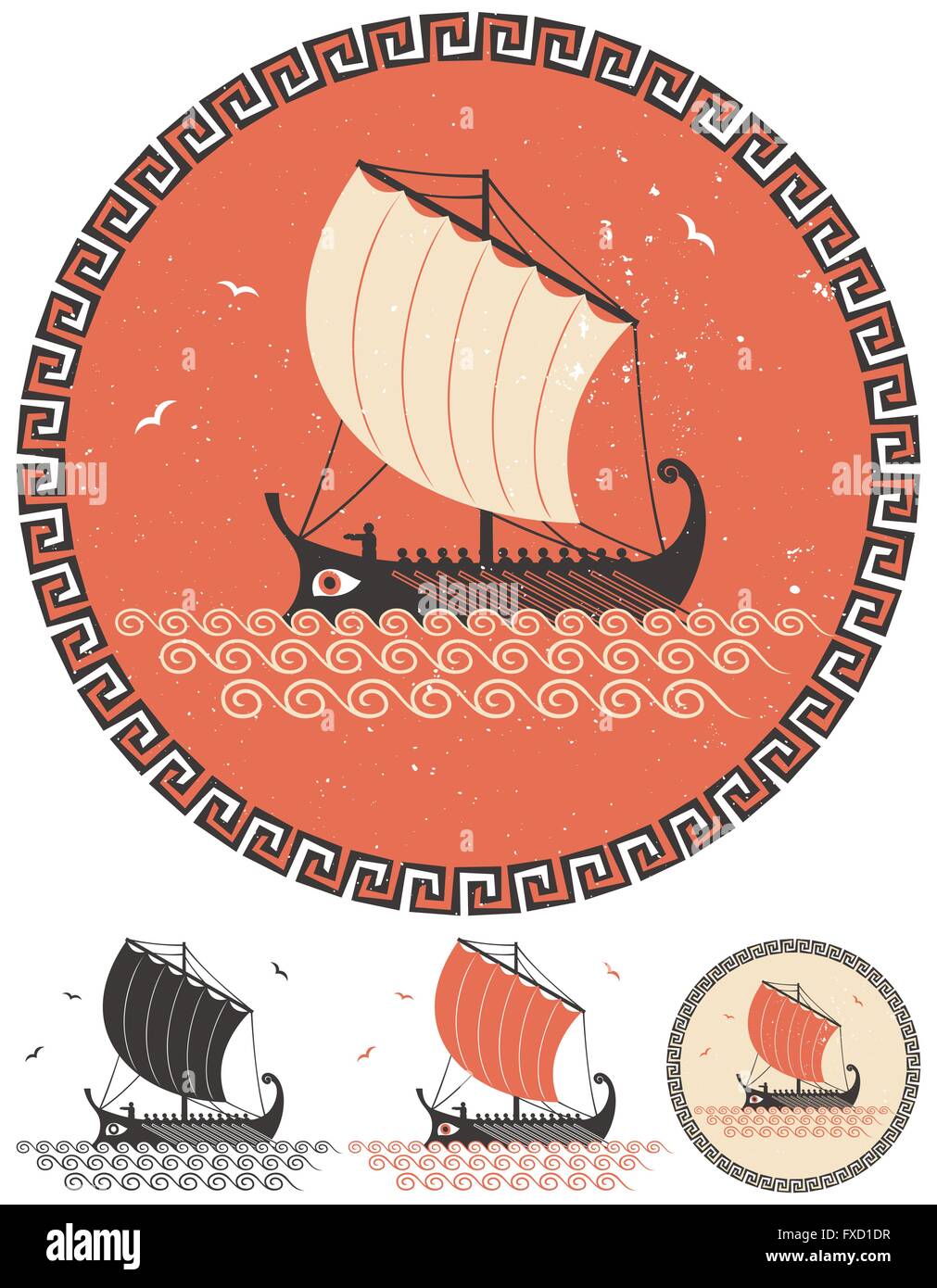 Illustrazione stilizzata di antica nave greca in 4 diverse versioni. Illustrazione Vettoriale