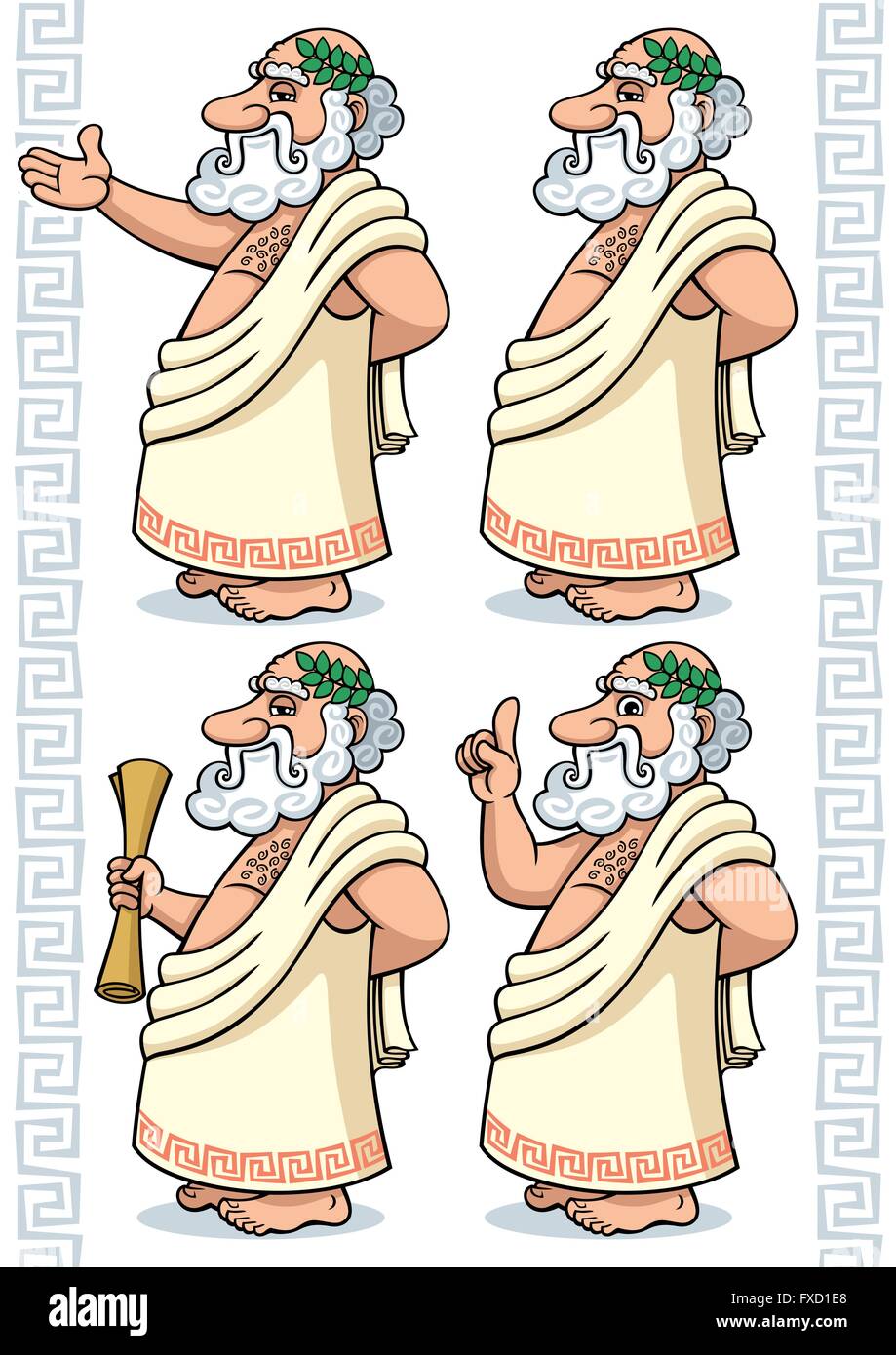 Cartoon filosofo greco in 4 diverse pose. Illustrazione Vettoriale