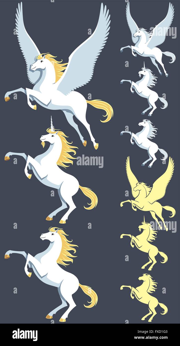 Pegasus, unicorn stallone e clip art. Le versioni di Silhouette e bianco puro e versioni sono anche incluse. Nessuna trasparenza e gradi Illustrazione Vettoriale