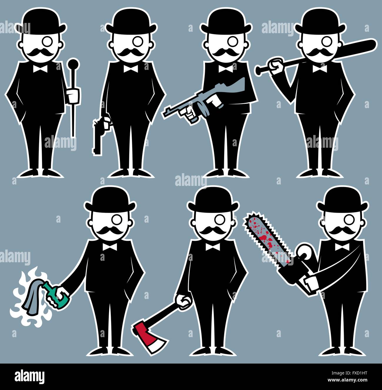 Set di 7 illustrazioni con violenta hipster carattere. Nessuna trasparenza e gradienti utilizzati. Illustrazione Vettoriale