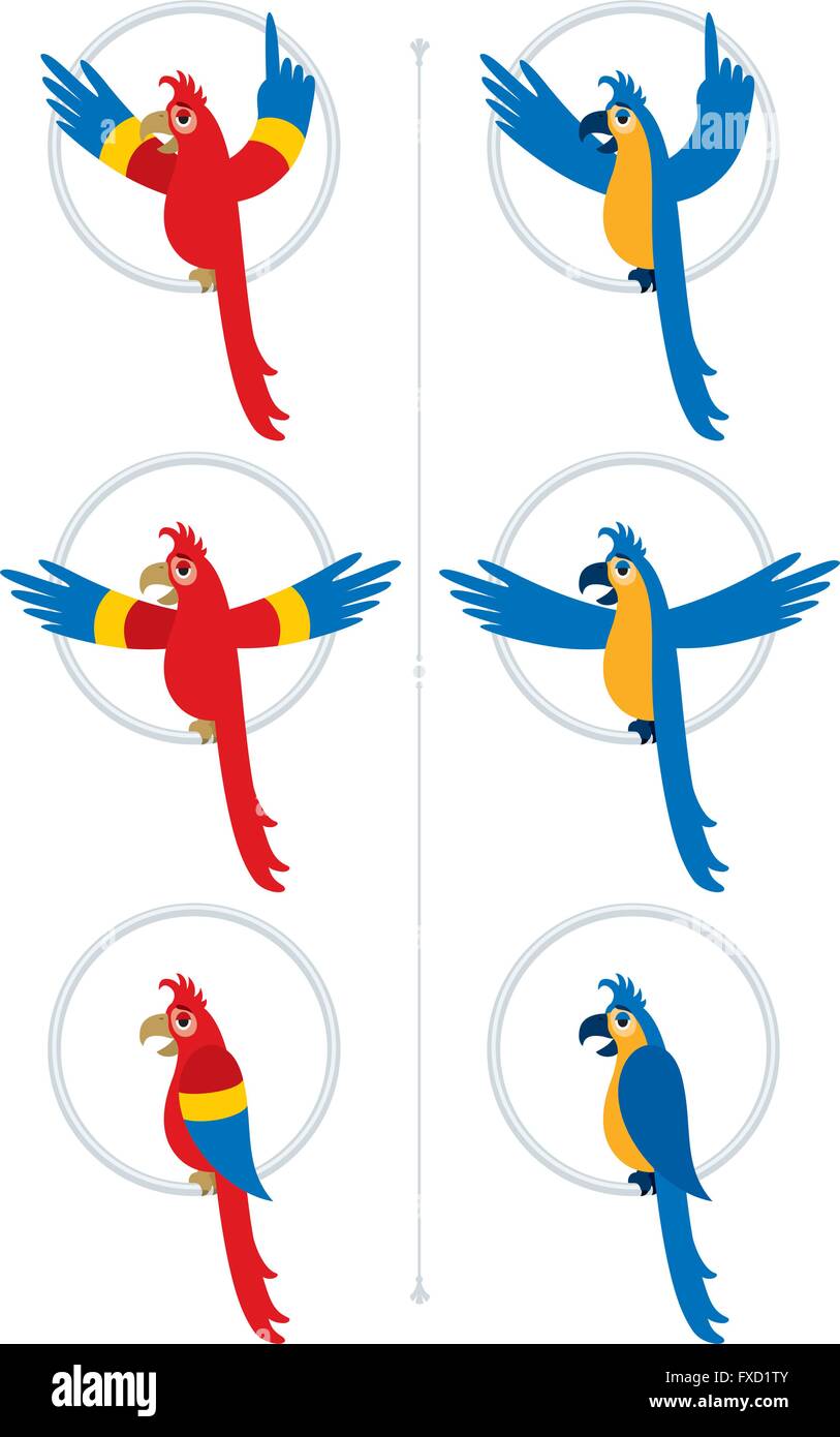 Illustrazione di pappagallo mostrato in 2 versioni di colore e in 3 diverse pose. È possibile rimuovere l'anello e posizionare l'uccello su anoth Illustrazione Vettoriale