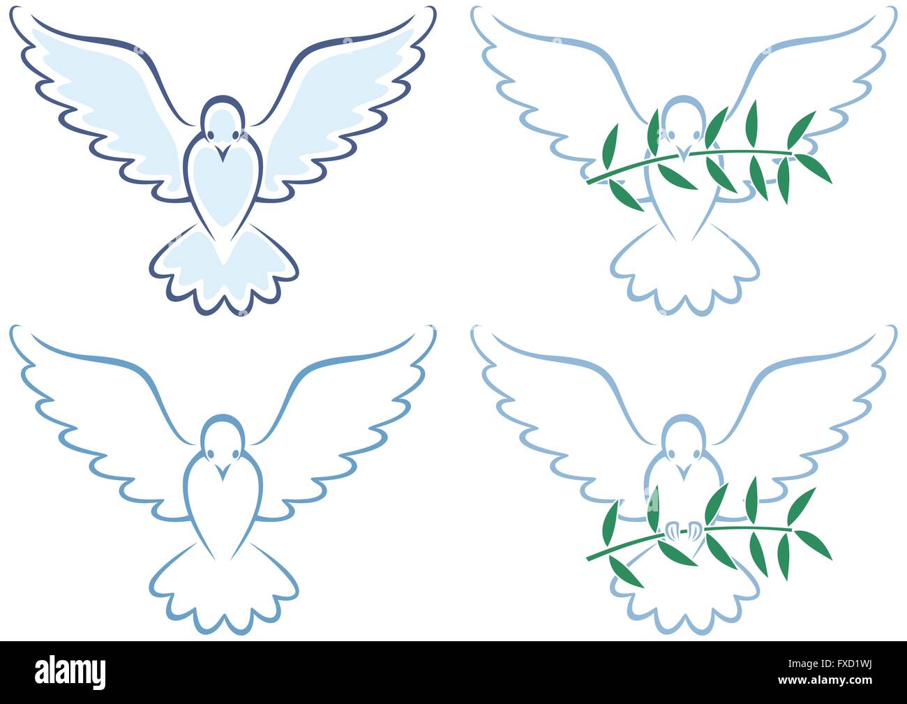 Line art illustrazione della colomba bianca in 4 versioni. Illustrazione Vettoriale