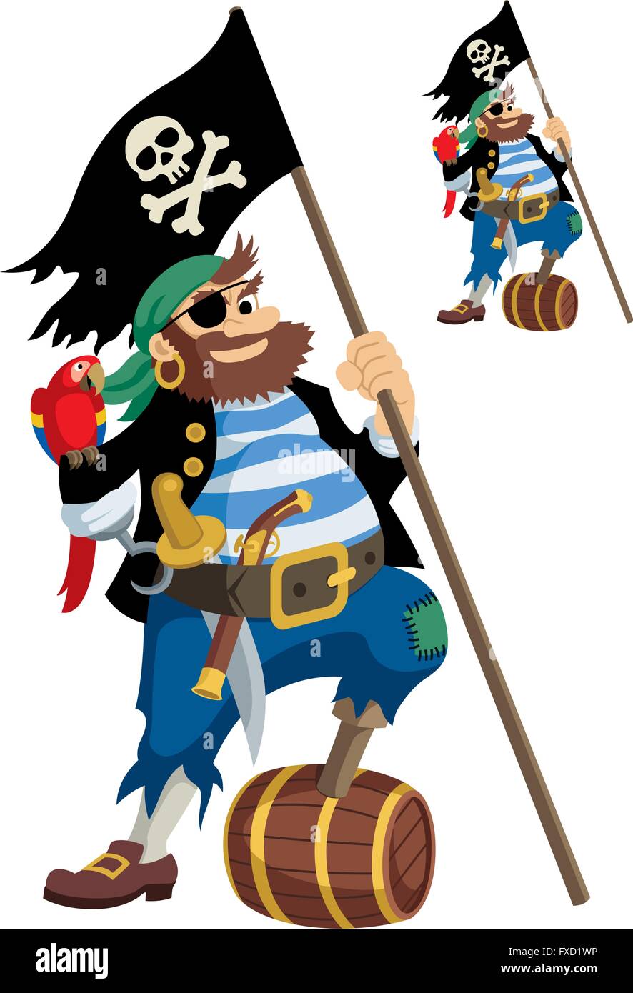 Felice pirata con tutti i suoi accessori. Sulla piccola immagine è lo stesso pirata, ma senza sfumature. Illustrazione Vettoriale