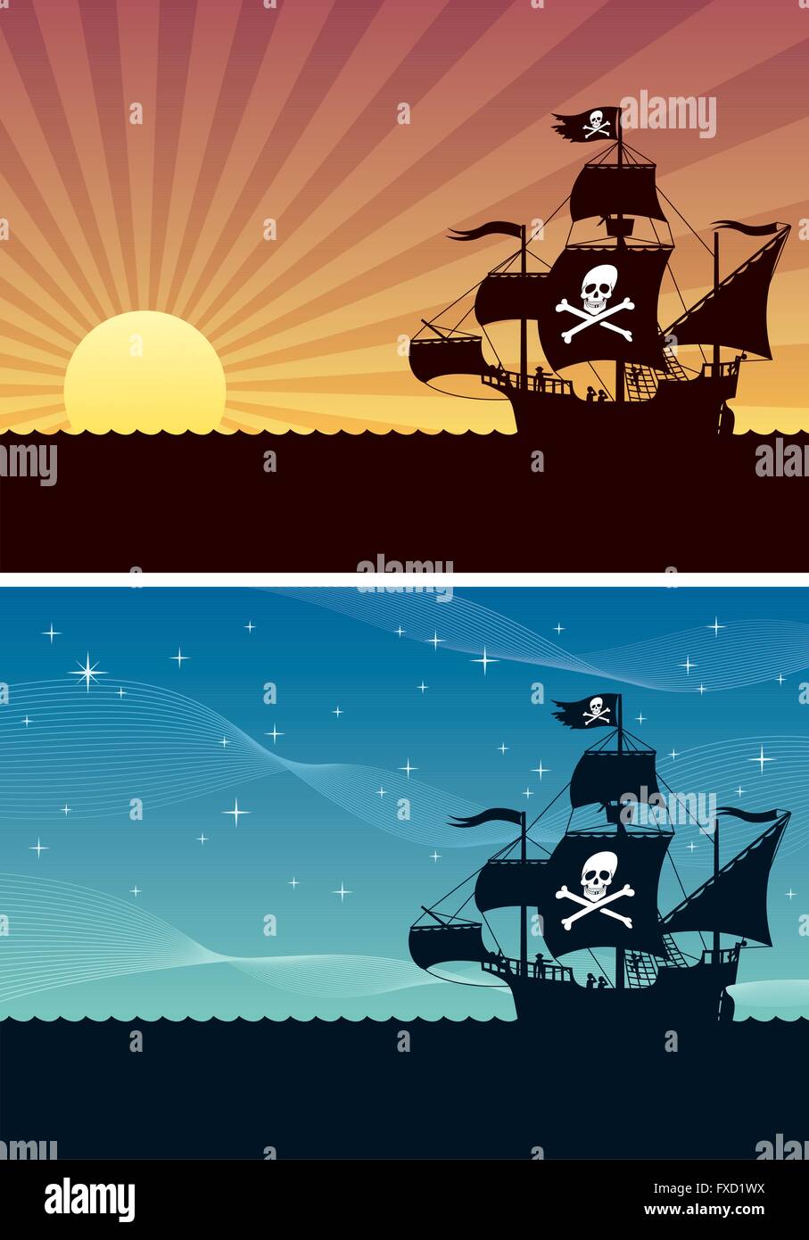 Due cartoon sfondi con navi pirata. Ciascuno è in A4 proporzioni ma è possibile estendere la zona nera verso il basso. Illustrazione Vettoriale