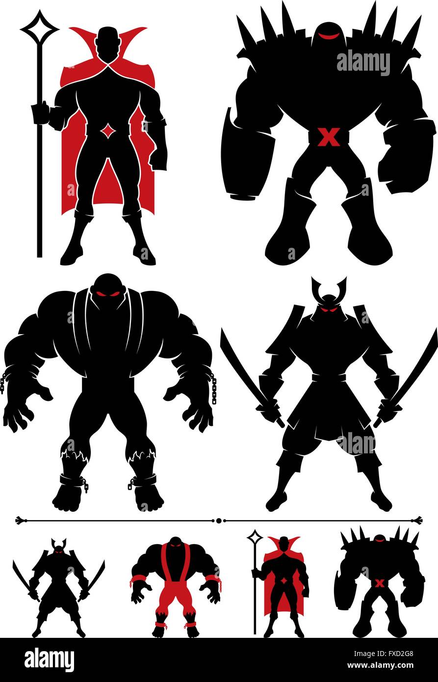 4 diversi supervillain sagome in 2 versioni ciascuna. Illustrazione Vettoriale