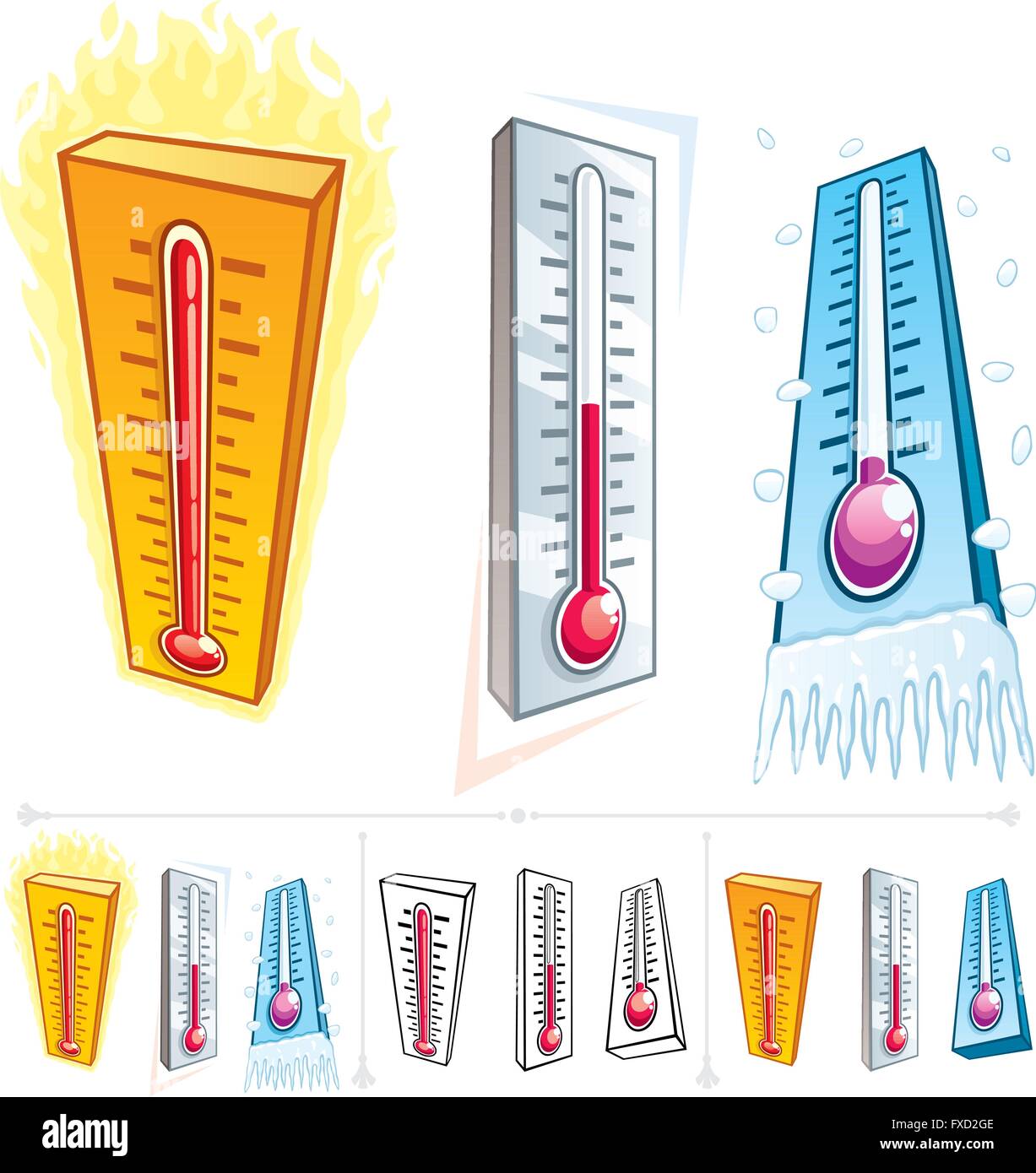 Termometro in 3 differenti condizioni termiche. Di seguito sono riportate altre 3 versioni di esso. Illustrazione Vettoriale