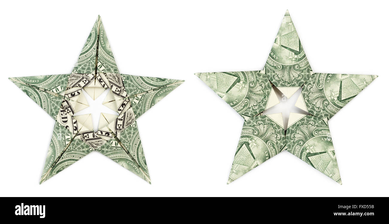 Dollar origami star isolato su sfondo bianco Foto Stock