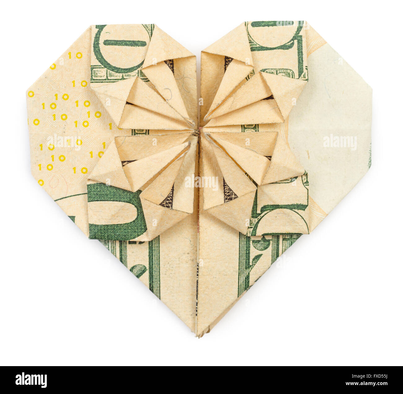 Dieci dollari origami cuore e stella isolato su sfondo bianco. Immagine di stock. Foto Stock