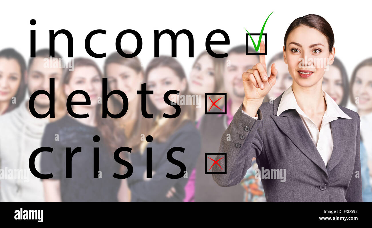 Business donna punto sul telaio con segno di spunta Foto Stock