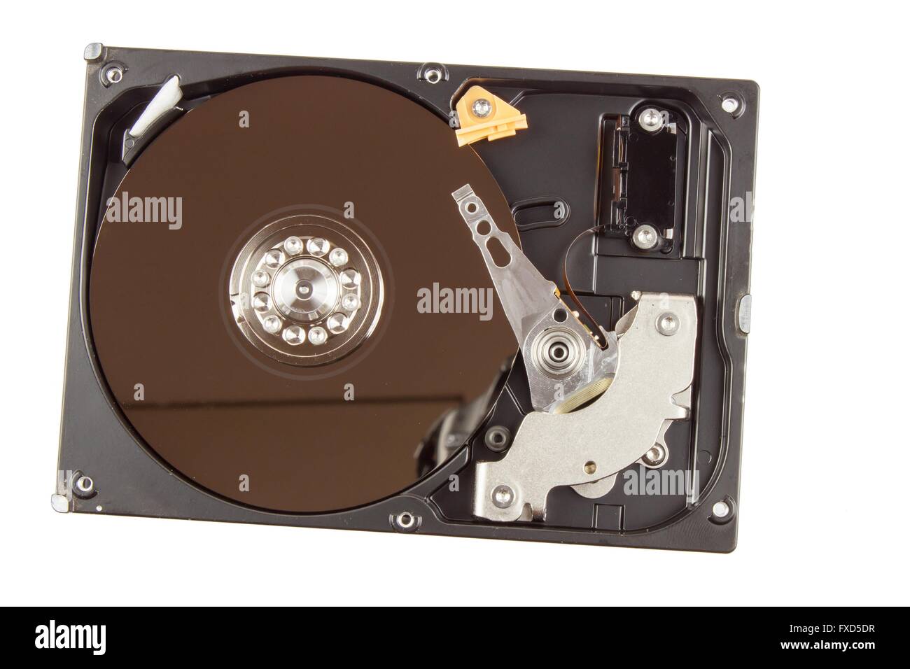 Aprire il disco rigido su uno sfondo bianco. Produzione di computer. Negozio di elettronica. Il backup dei dati sul computer Foto Stock