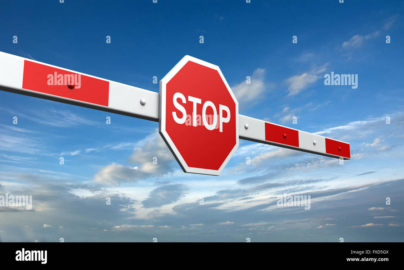 3D rendering di barriera con un segno di stop su sfondo cielo Foto Stock