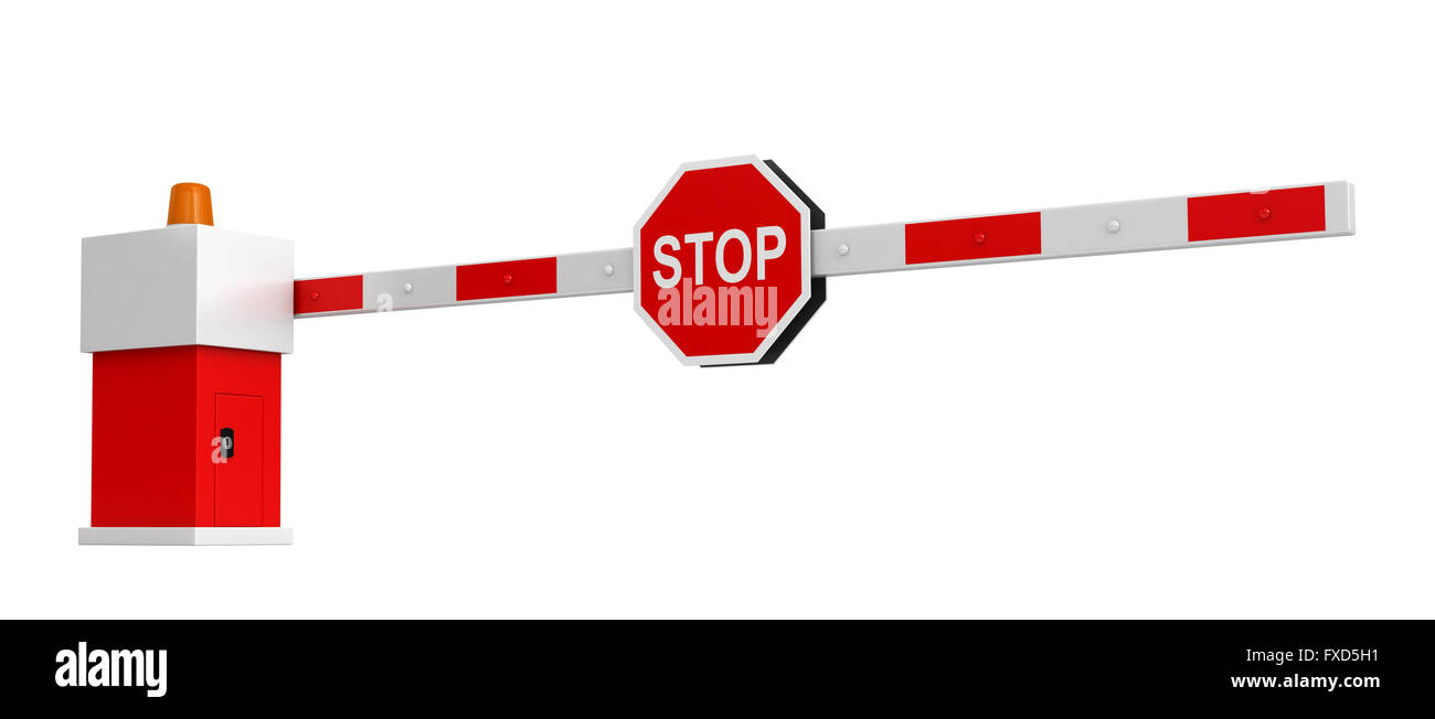3D rendering di barriera con un segno di stop isolate su sfondo bianco Foto Stock