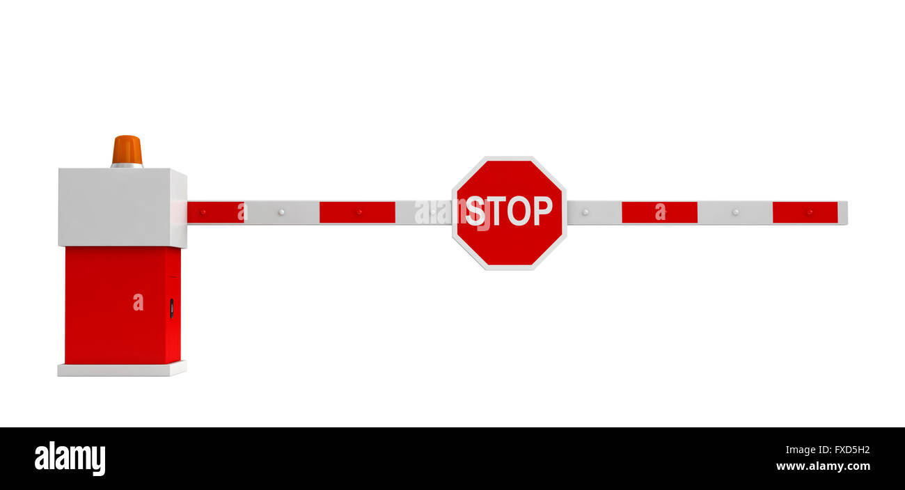 3D rendering di barriera con un segno di stop isolate su sfondo bianco Foto Stock
