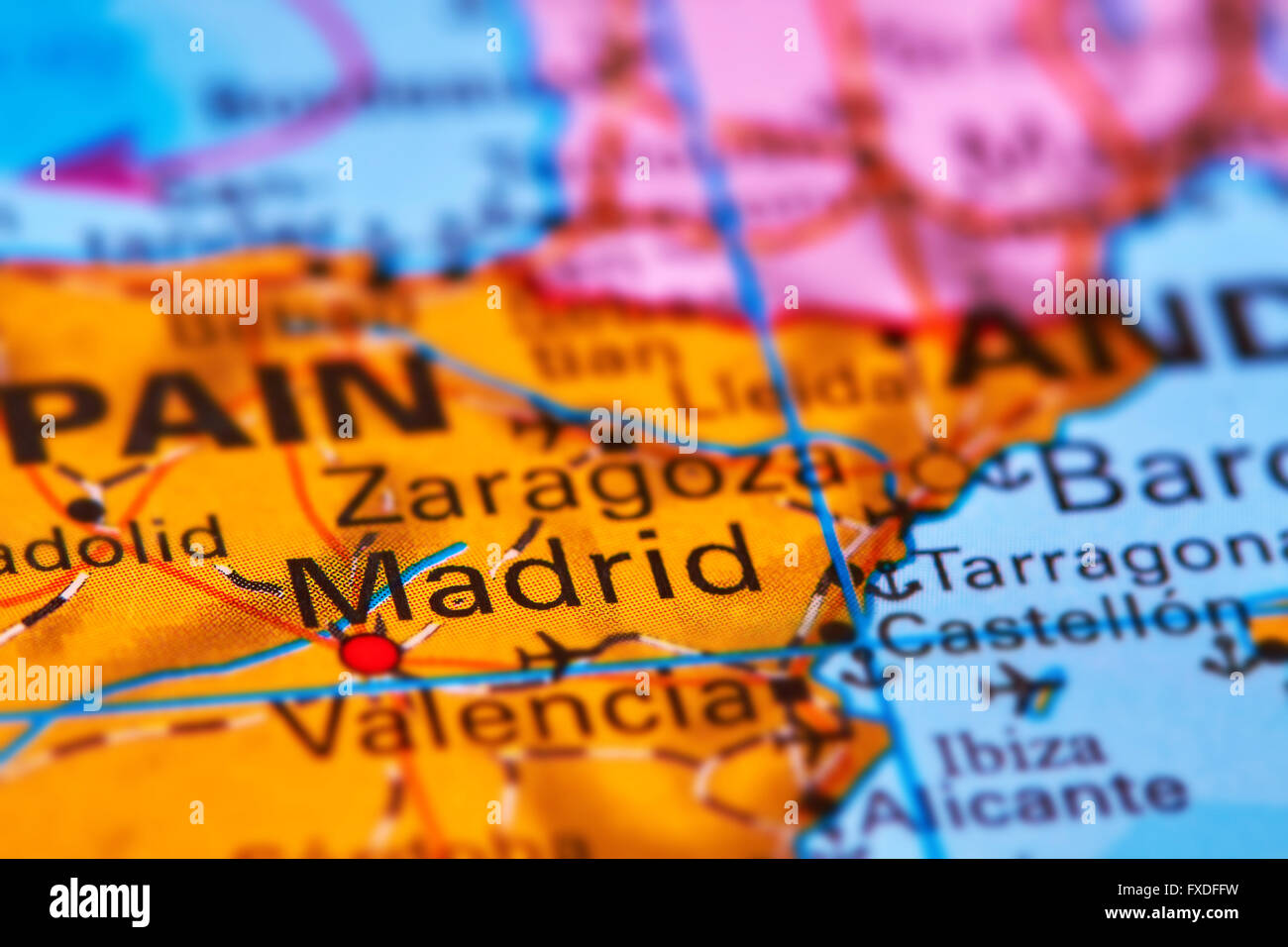Madrid, capitale della Spagna e della penisola iberica sulla mappa del mondo Foto Stock