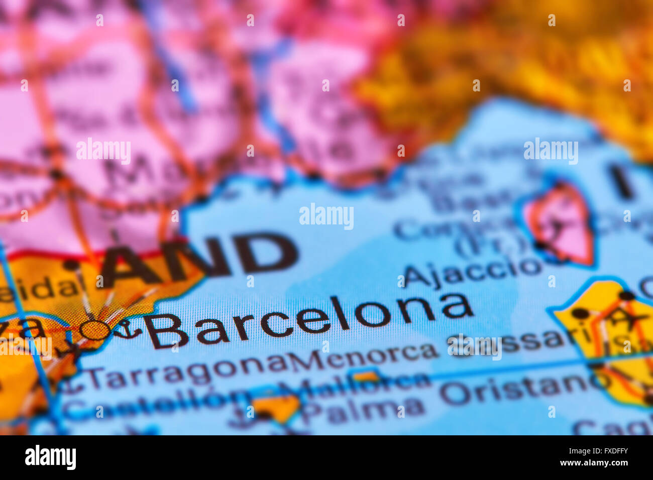 La città di Barcellona in Catalogna, Spagna, sulla penisola Iberica sulla mappa del mondo Foto Stock