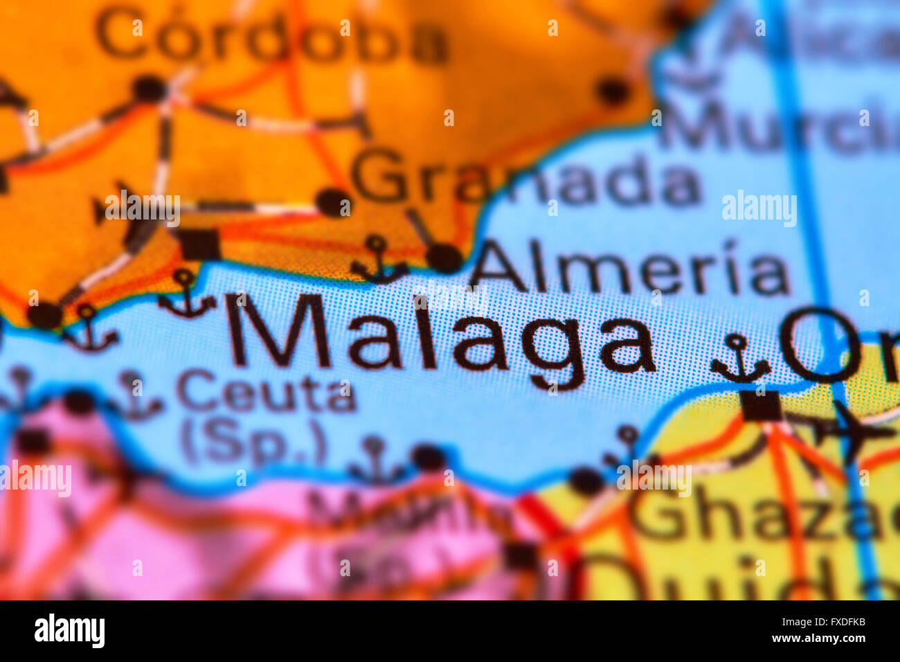 Malaga, città in Spagna, nella penisola iberica sulla mappa del mondo Foto Stock