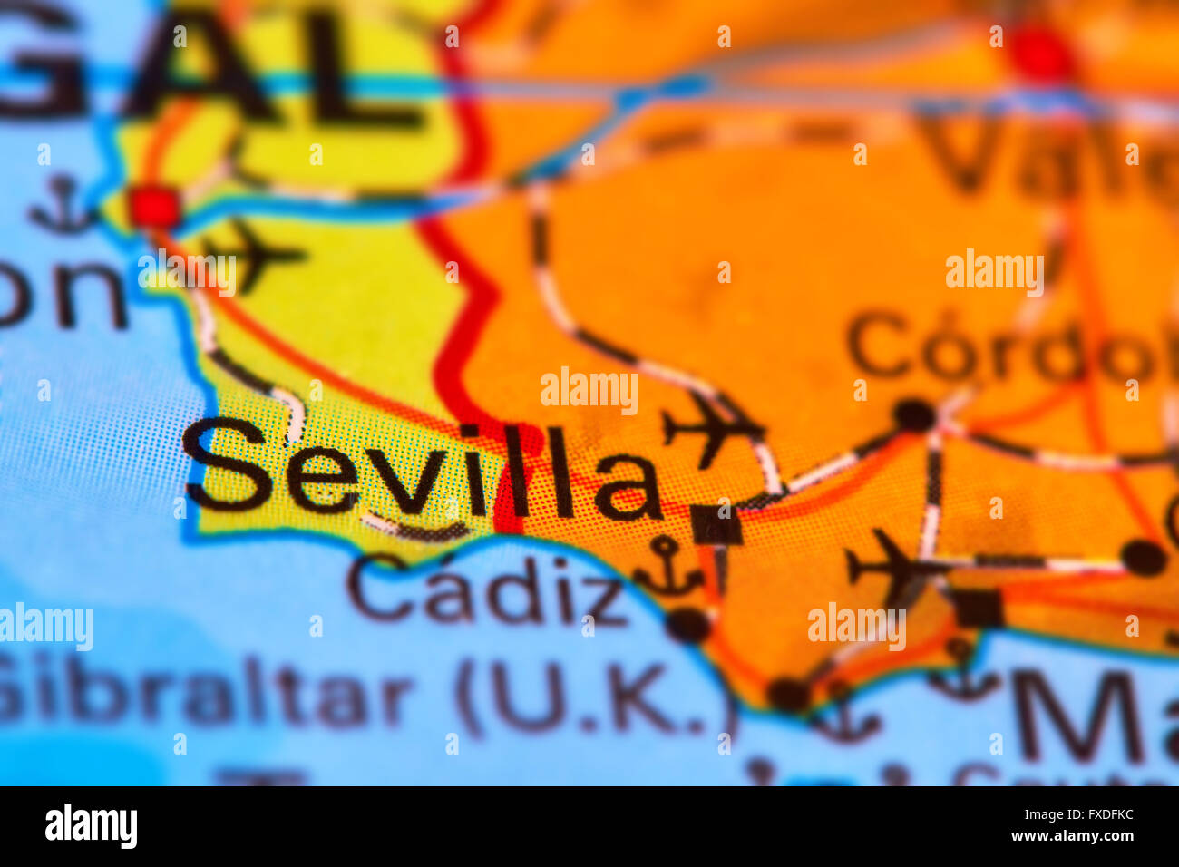 Sevilla, città in Spagna, nella penisola iberica sulla mappa del mondo Foto Stock