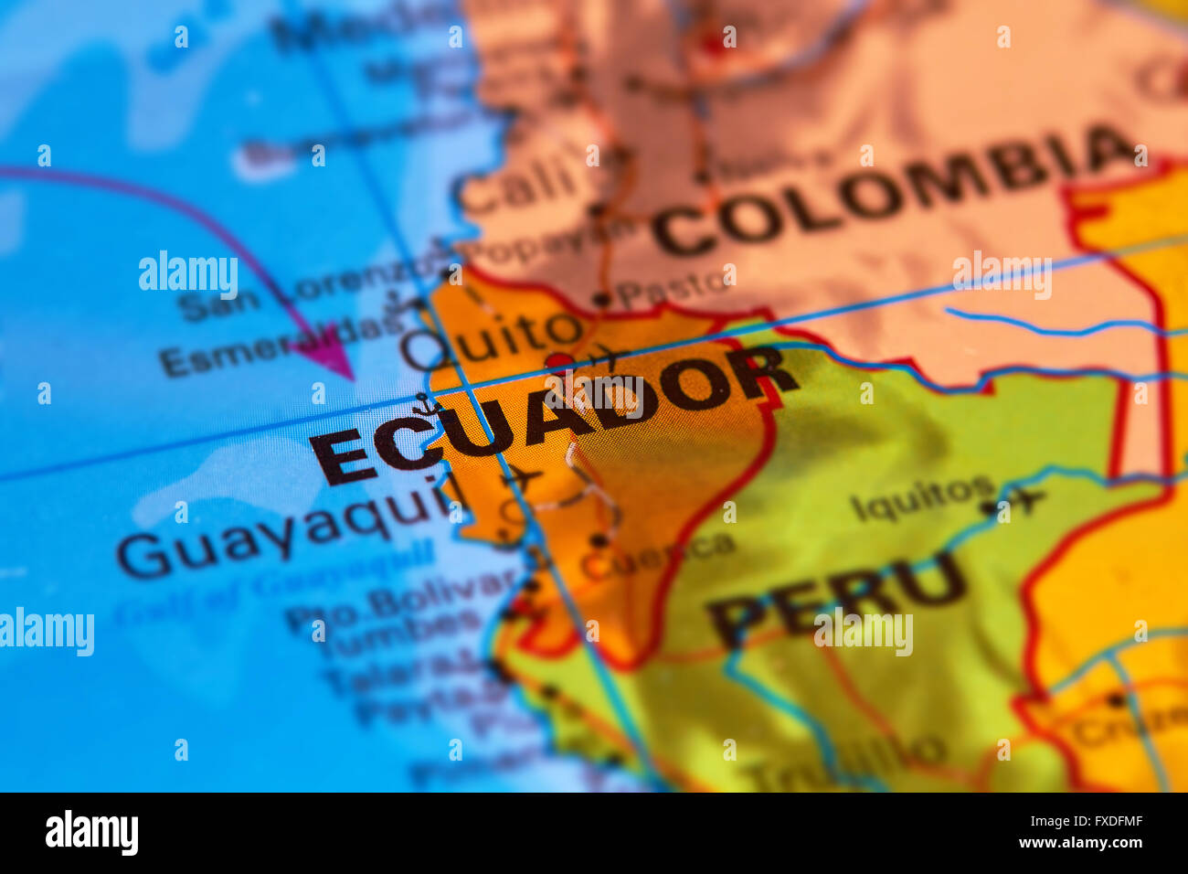 Ecuador e la città capitale Quito sulla mappa del mondo Foto Stock