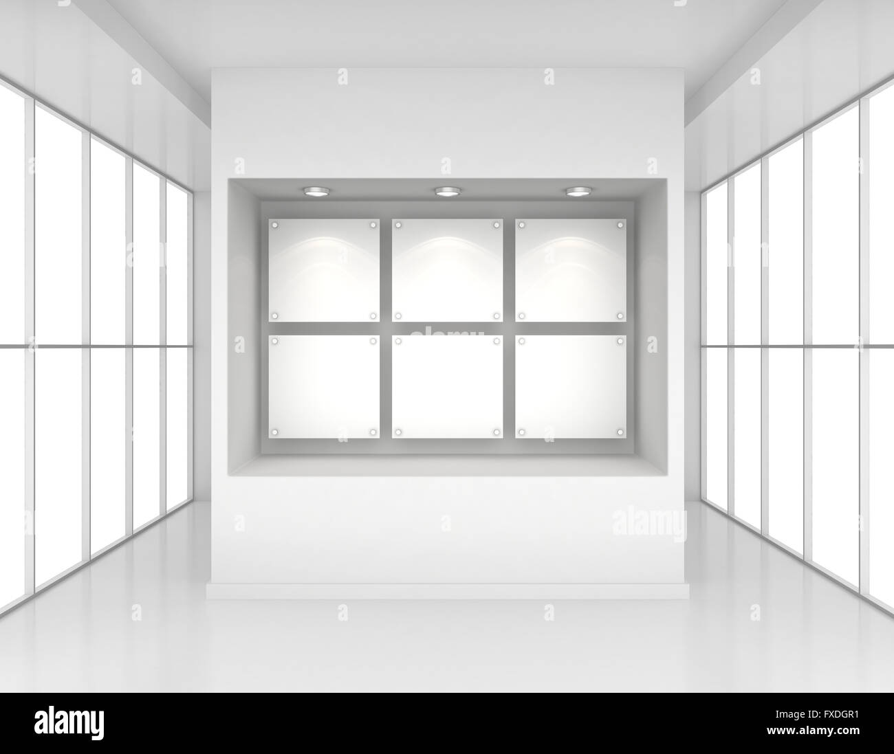 Presentano vetrine con carta bianca poster e lampadine nella camera interna di grandi finestre Foto Stock