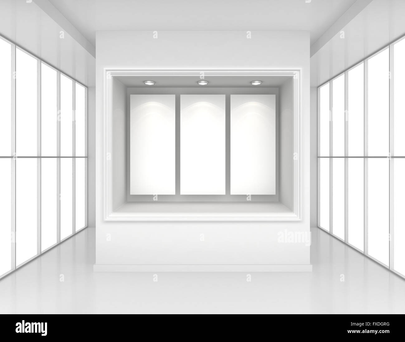 Presentano vetrine con carta bianca poster e lampadine nella camera interna di grandi finestre Foto Stock