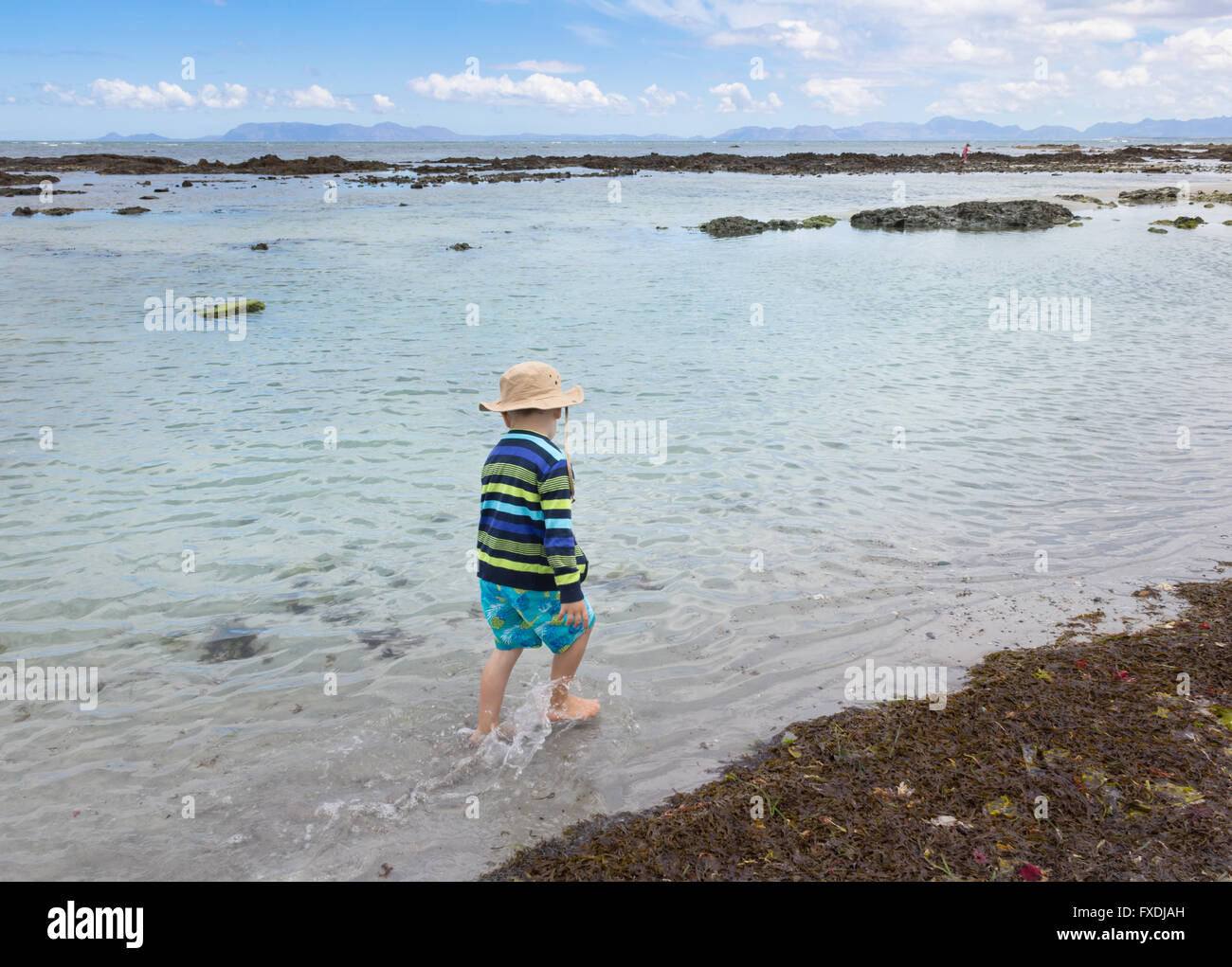 Foto di piccolo 4 anno vecchio ragazzo a piedi attraverso il mare poco profondo e acqua accanto a lavato fino alghe Foto Stock