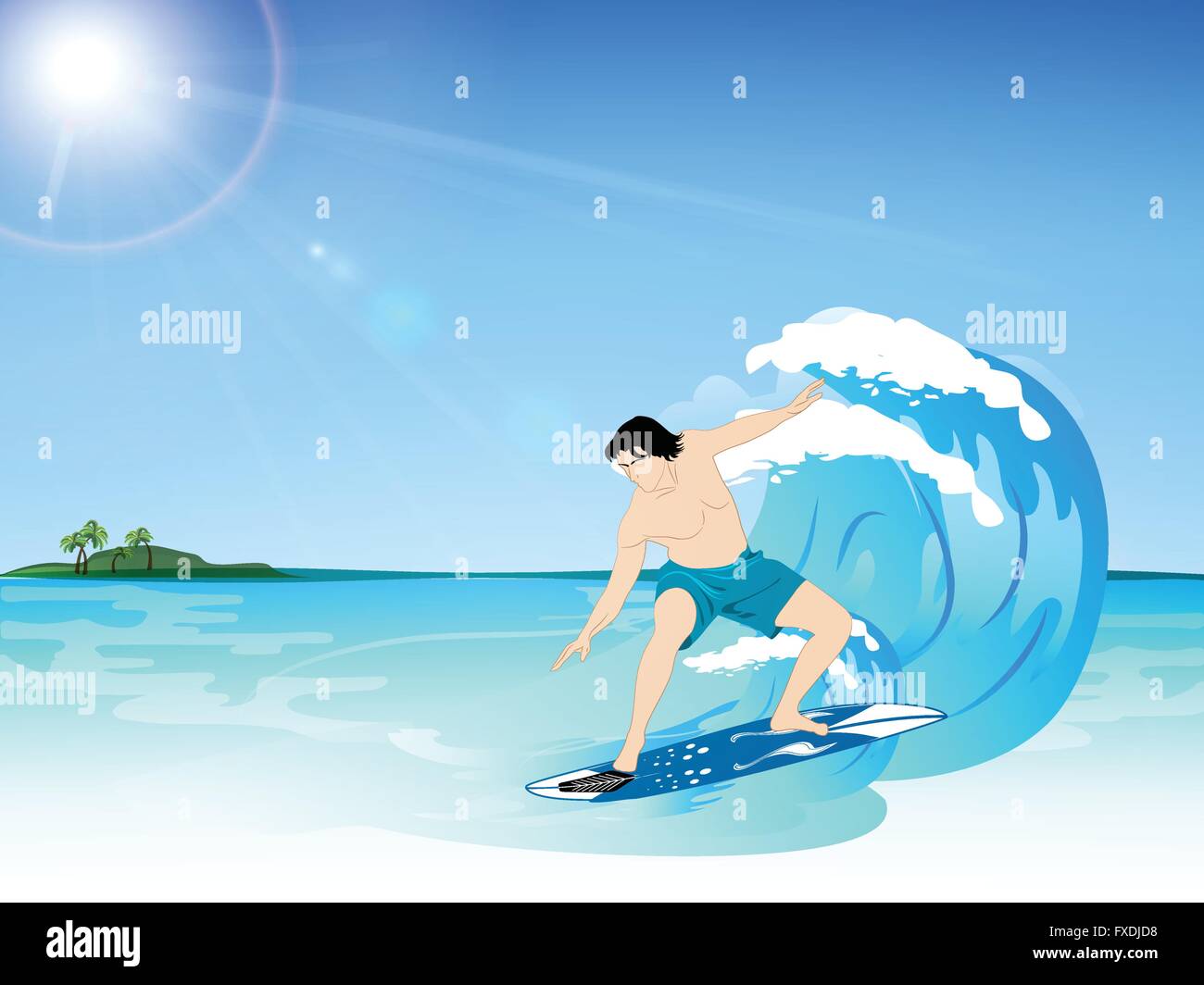 L'uomo surf sulle onde del mare. Illustrazione Vettoriale