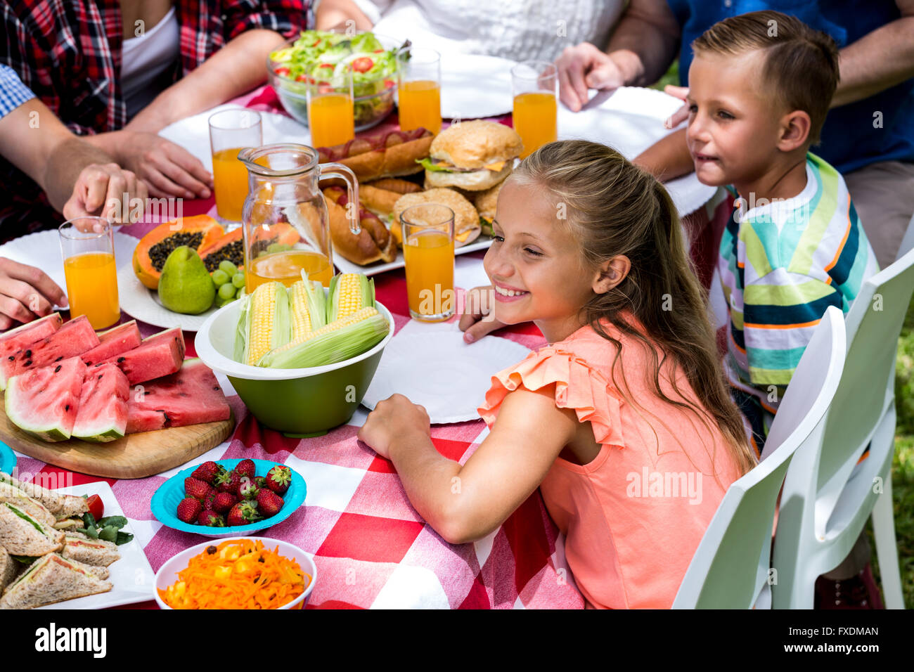 La famiglia felice a pranzo durante il picnic Foto Stock