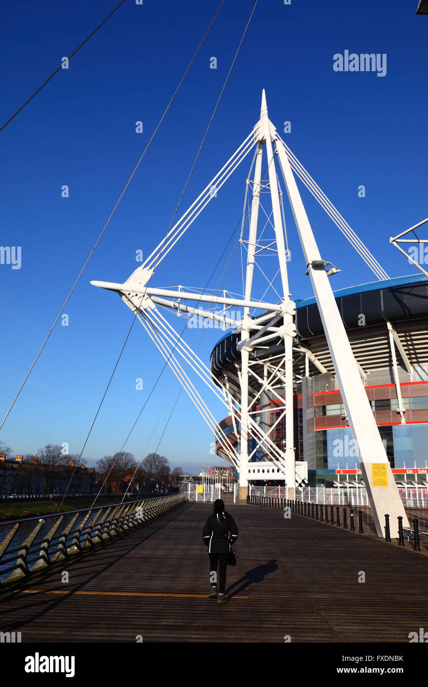 Vista del millennio / Principato Stadium e Millennium a piedi, Cardiff, South Glamorgan, Wales, Regno Unito Foto Stock