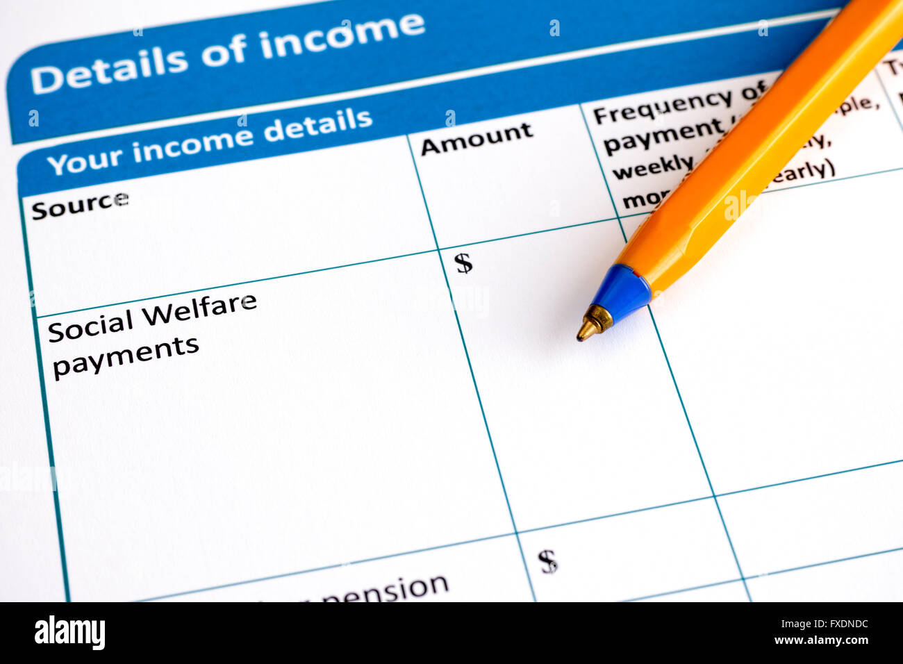 Dettagli del reddito sotto forma di applicazione con penna a sfera. Foto Stock