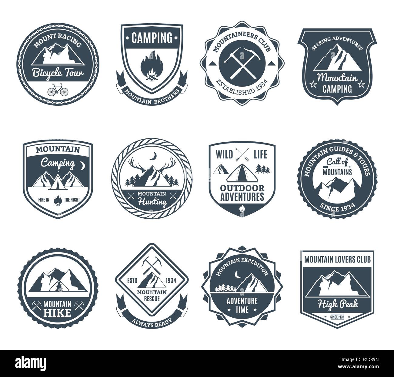 Avventura di montagna emblemi nero Illustrazione Vettoriale