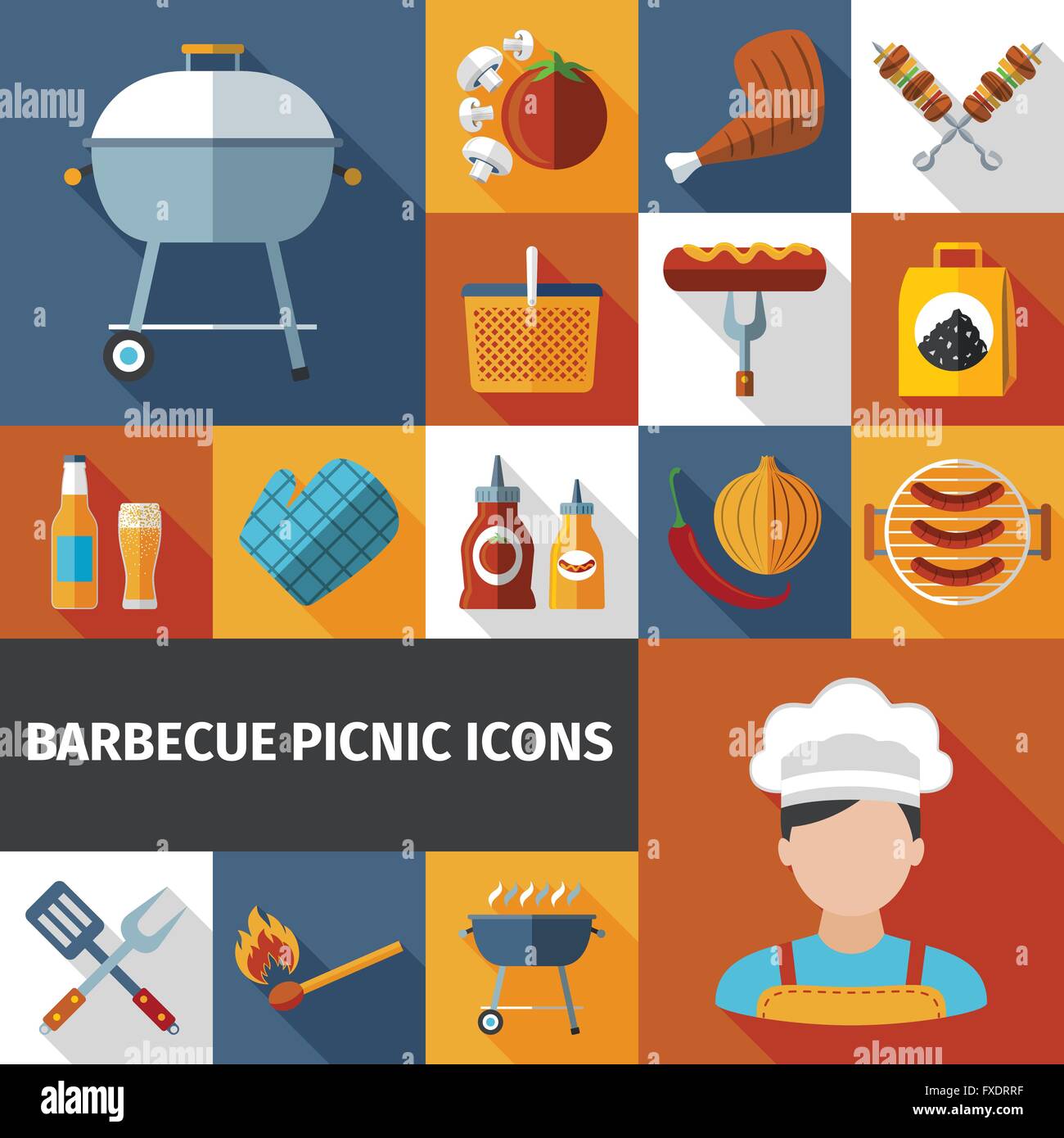 Picnic Barbecue piatto set di icone Illustrazione Vettoriale