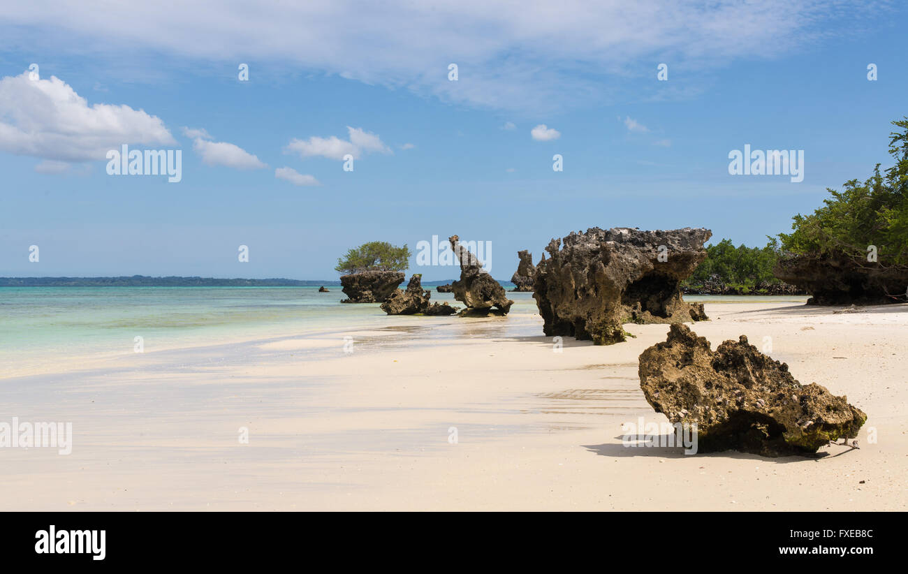 Bianca incontaminata spiaggia tropicale con rocce, mare azzurro e vegetazione lussureggiante sull'isola africana di misali, Pemba, Zanzibar. Foto Stock