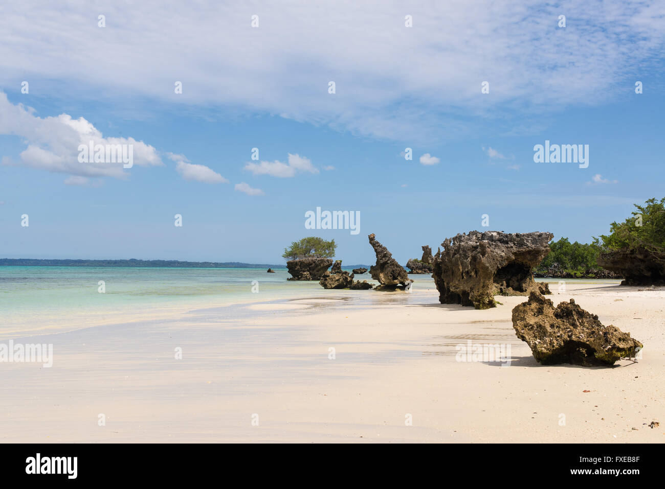 Bianca incontaminata spiaggia tropicale con rocce, mare azzurro e vegetazione lussureggiante sull'isola africana di misali, Pemba, Zanzibar. Foto Stock