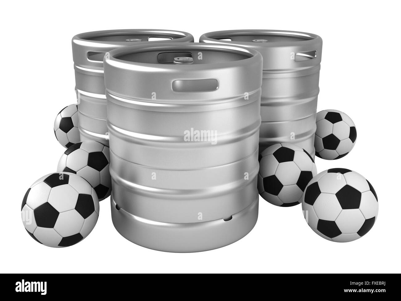 3D rendering di fusti di birra e palloni da calcio isolate su sfondo bianco Foto Stock