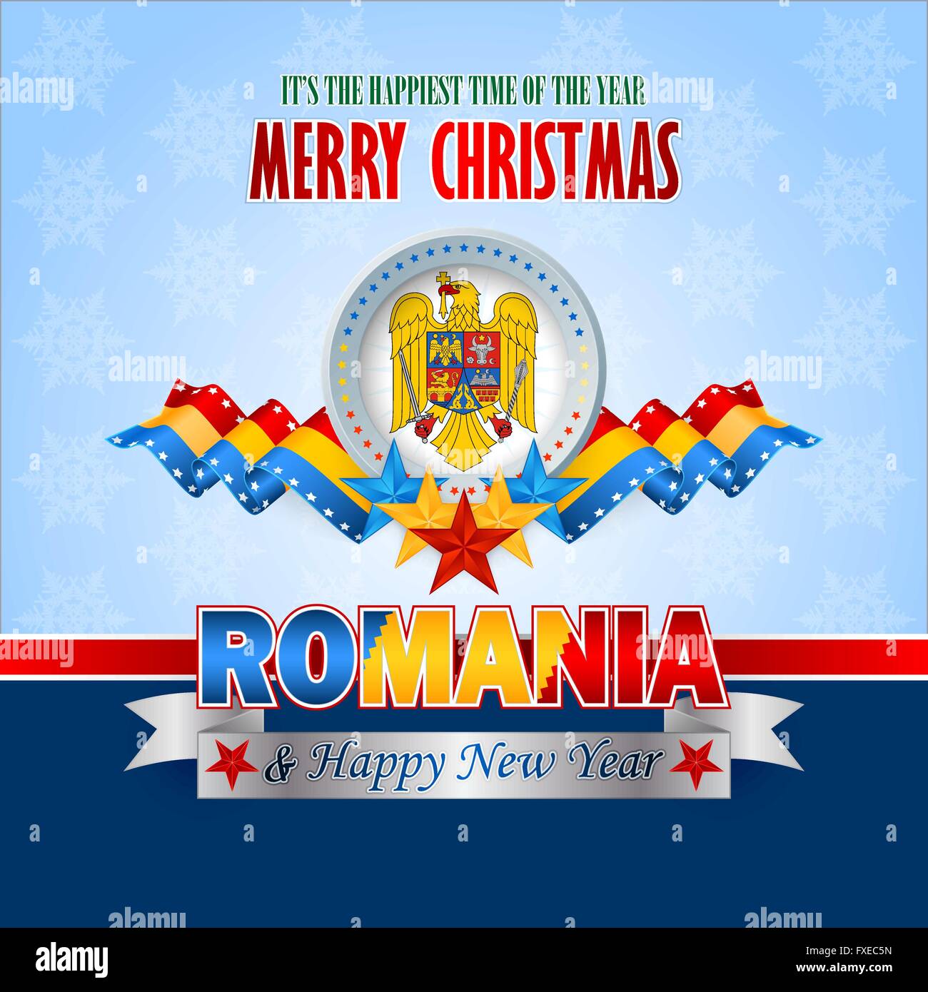 Buon Natale In Rumeno.Buon Natale Con Sfondo Blu Giallo Rosso Stelle E Lo Stemma Sulla Bandiera Nazionale Colori Per Natale Rumeno Immagine E Vettoriale Alamy