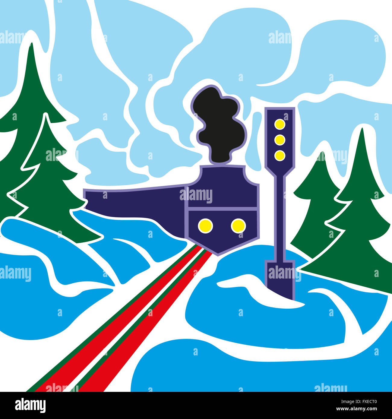 Il vecchio treno con il grigio fumo e il paesaggio invernale con congelati bosco su un cielo blu sullo sfondo. Foto Stock