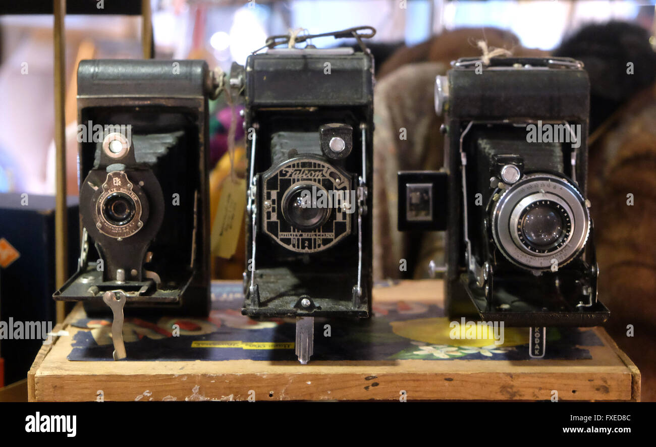 Le fotocamere antiche in mostra presso la piscina Brooklyn mercato delle pulci nella città industriale di Brooklyn, New York, Stati Uniti d'America. Foto Stock