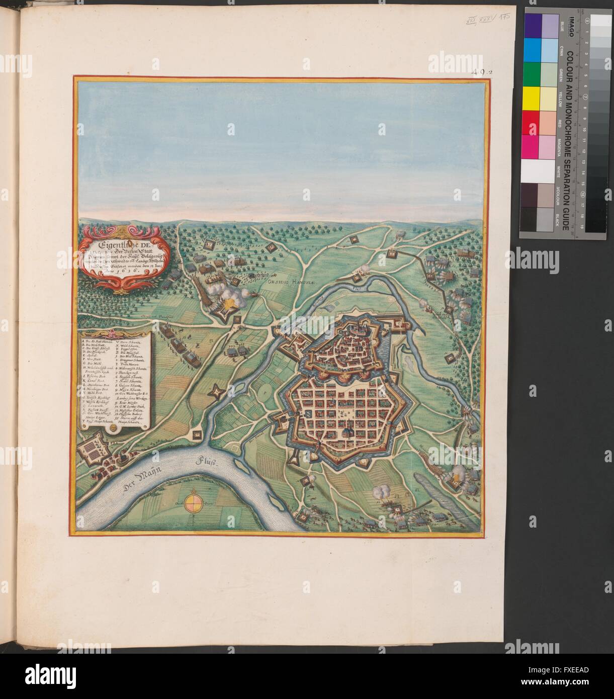 Stadplan von Hanau mit der Belagerung von 1636 Foto Stock