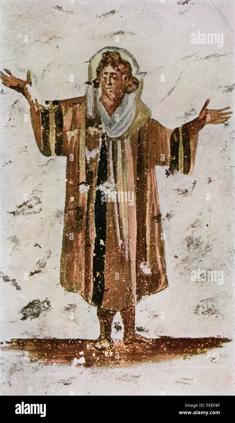 Un affresco di un uomo che prega. Catacomba di San Callisto, aka il cimitero di San Callisto, Via Appia, Roma, Italia. Foto Stock