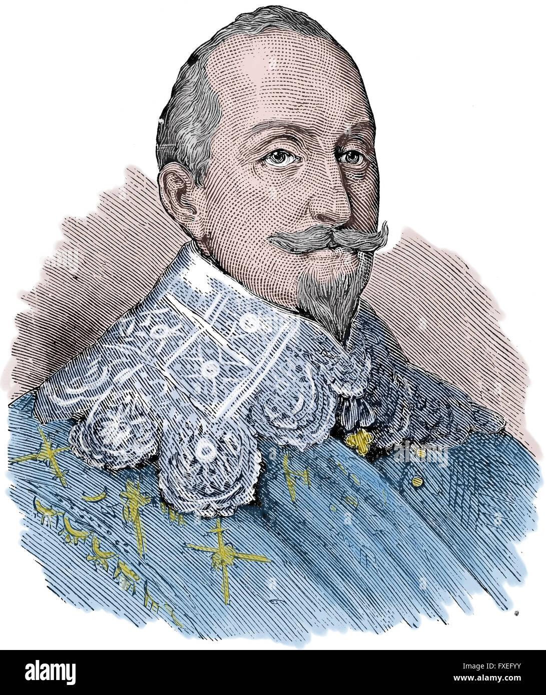 Gustavo Adolfo di Svezia (1594-1632). Re di Svezia a partire dal 1611-1632. Casa di Vasa. Incisione, colore. Foto Stock