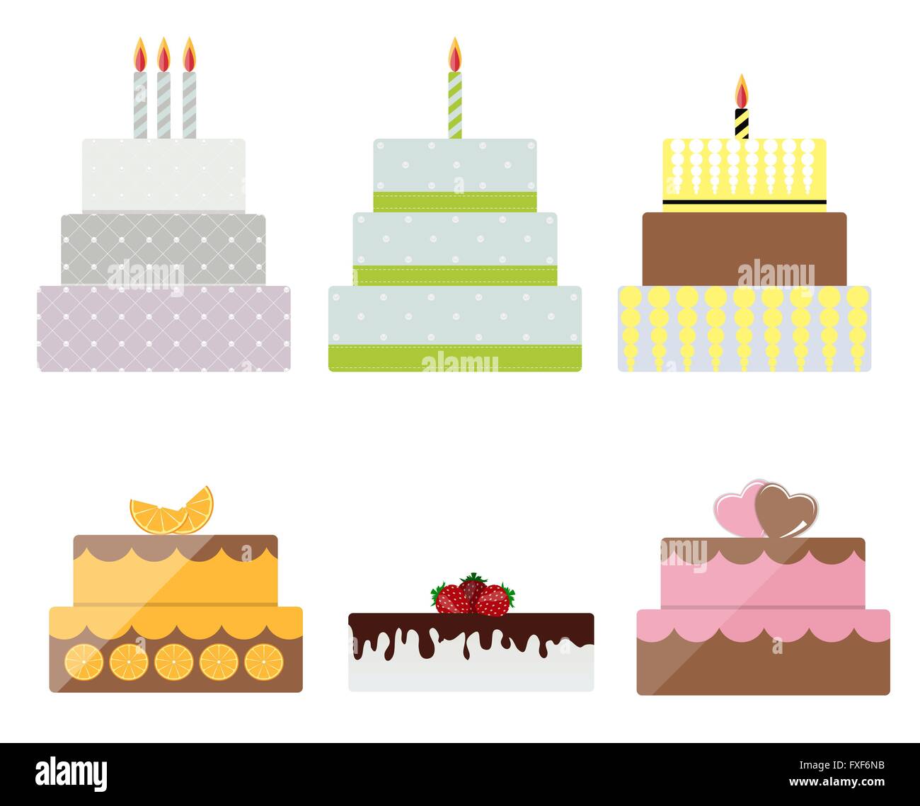 Torta di compleanno Flat Icon Set per il tuo design, illustrazione vettoriale Illustrazione Vettoriale