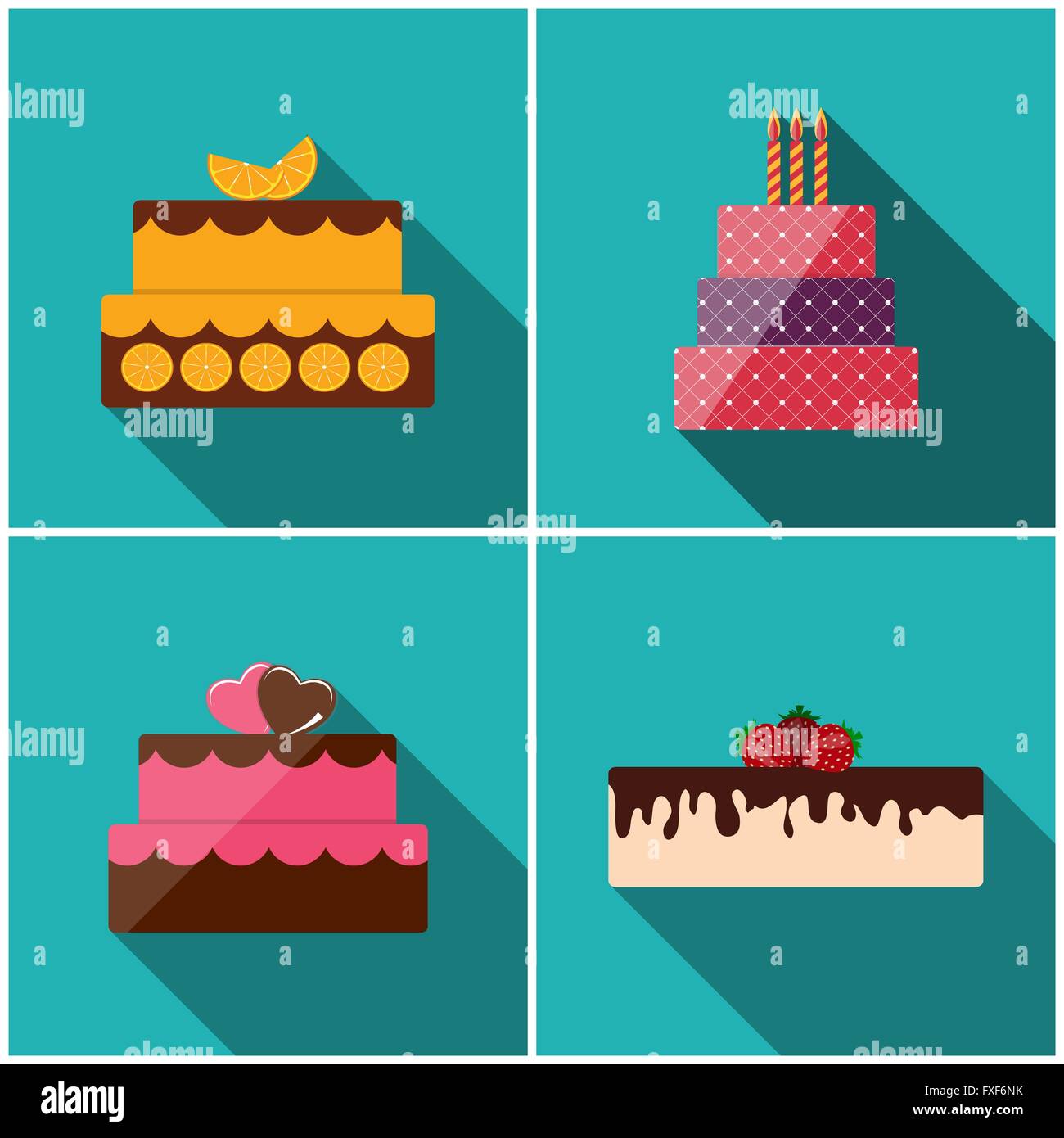 Torta di compleanno Flat Icon Set con lunga ombra per il tuo design, Ve Illustrazione Vettoriale