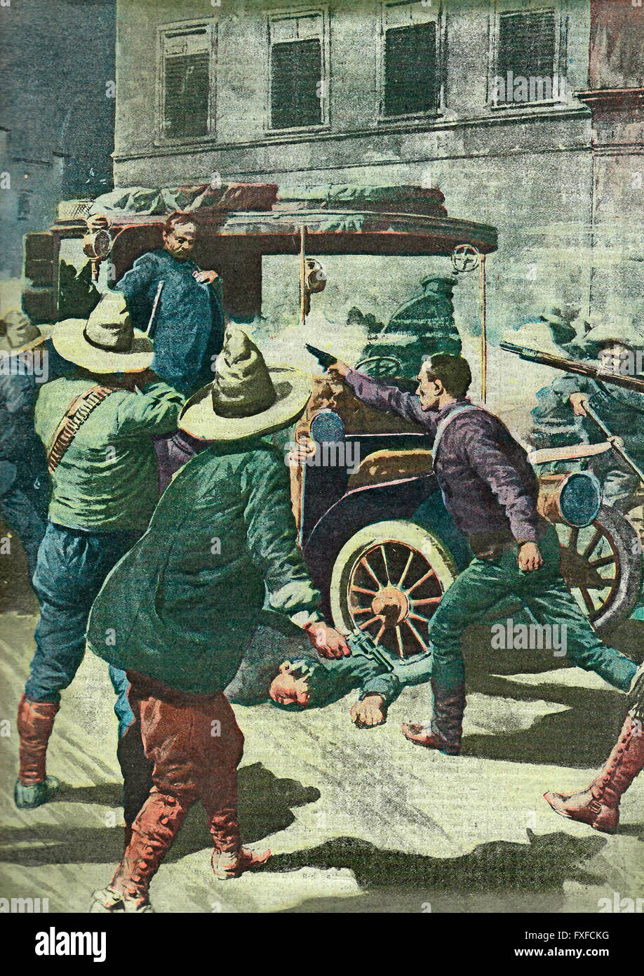 Una scena drammatica della rivoluzione messicana: l'assassinio del presidente Madero e General Suarez. 1913 Foto Stock