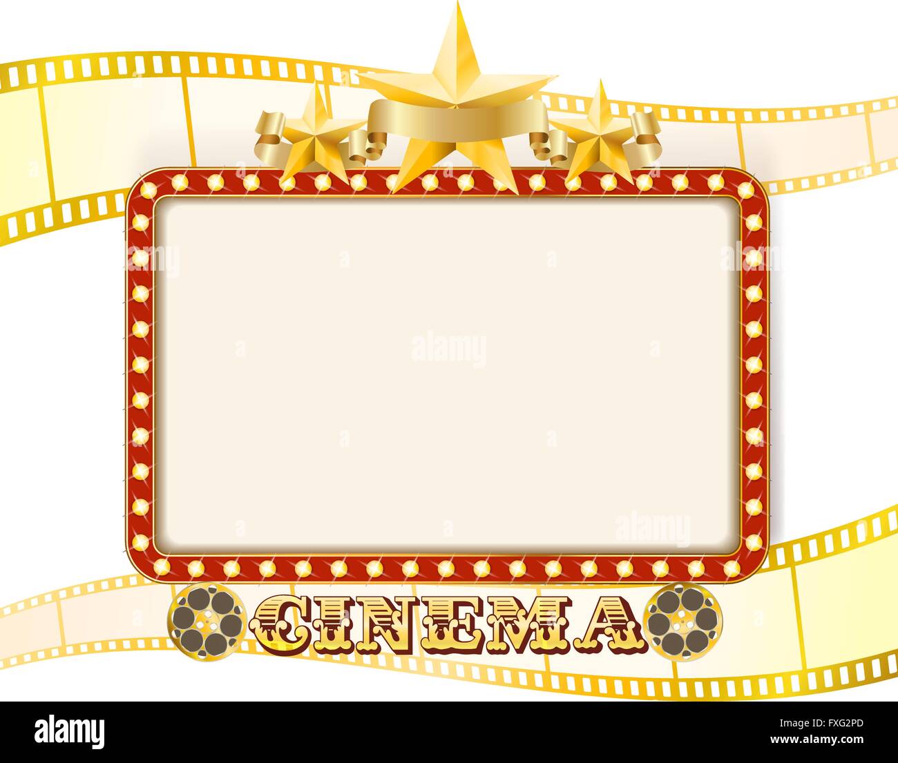 Cinema retrò sign banner con luci, stelle e strisce di pellicola e rotoli. vettore Illustrazione Vettoriale