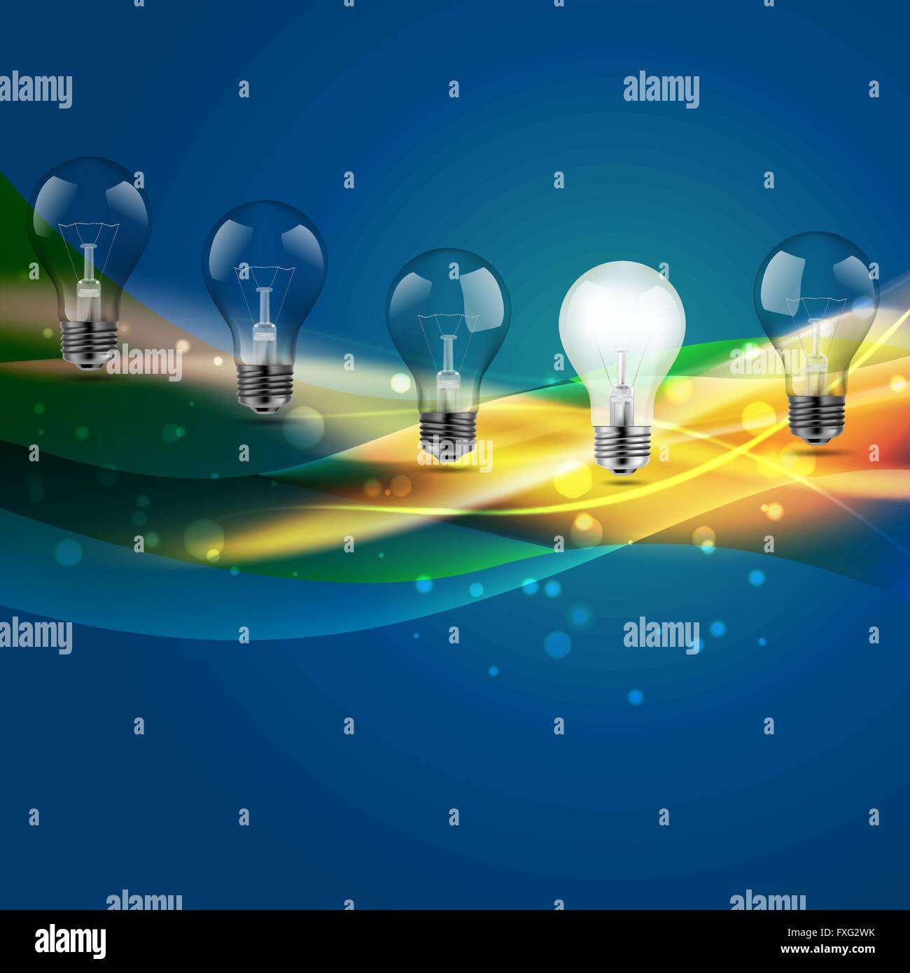 Lampadine della luce su sfondo blu con linee multicolori Illustrazione Vettoriale