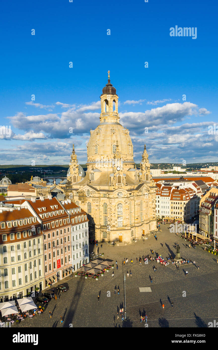 Antenna vista panoramica di Neumarkt e Chiesa di Nostra Signora, il centro storico di Dresda, Sassonia, Germania Foto Stock